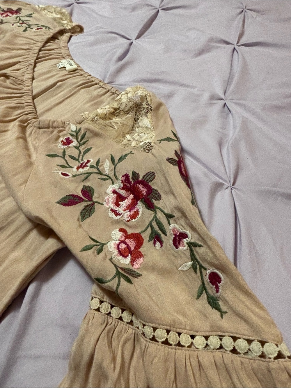 Umgee Beige Embroidered Bell-Sleeve Peasant Top Embroidered Flowers and Lace - Picture 9 of 12